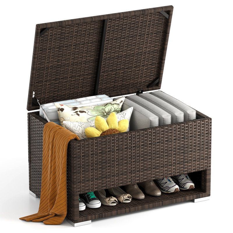 48 Gallon PE Wicker Rattan Deck Box w/ Shoe Rack Outdoor Storage Bin w/ Protective Liner