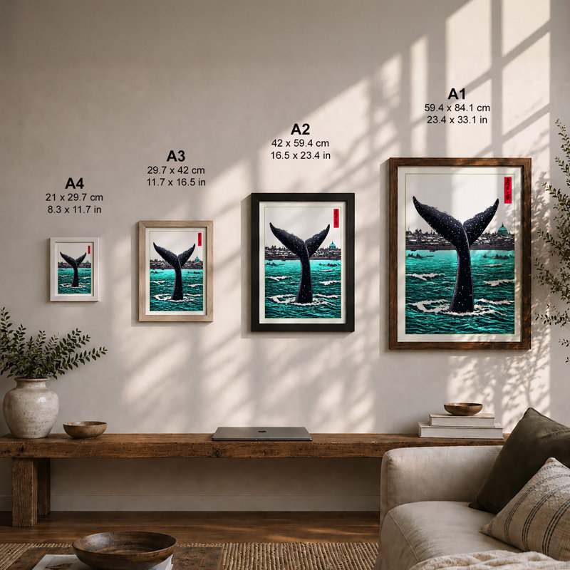 Whale Tail Emerges Coastal 1 Piece Single Picture Frame Wall Art, A3 - 42.0 x 29.7 cm, Oak