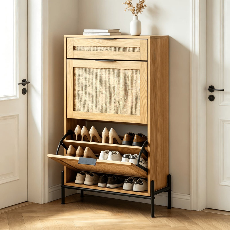 Freestanding Shoe Rack Cabinet With Flip Doors & Drawers, Oak, 2