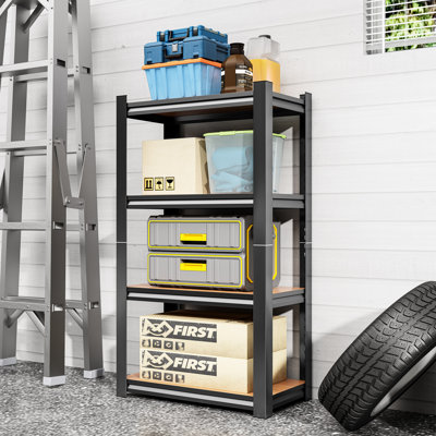 Support de rangement noir réglable à 4 couches, pour les grandes surfaces, les bibliothèques, les remises, l'acier et une charge totale de 800 livres, tablettes simples à installer, cuisine, garage, pièce convenable, 200 par assemblage rapide
