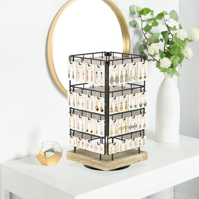 Rotating Earring Display Holder Stand For Vendors Events Selling, Large Capacity 64 Hooks Jewelry Rack With Wooden Base For Earring Card Sales, Enhances Retail Display Visibility