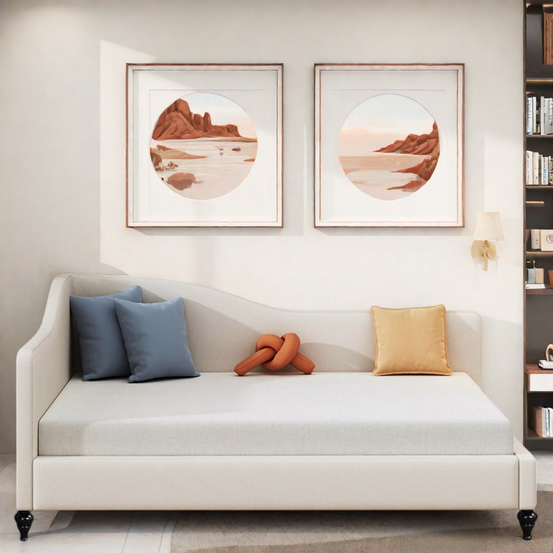 L-shaped Linen Daybed With Solid Wood Legs, Beige, Full/Double
