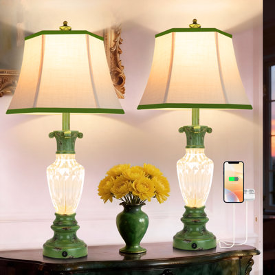 28.5" Farmhouse Table Lamps Set of 2 with USB Ports, 3-Way Color Temperature & Nightlight Base, Green Resin Bedside Lamps