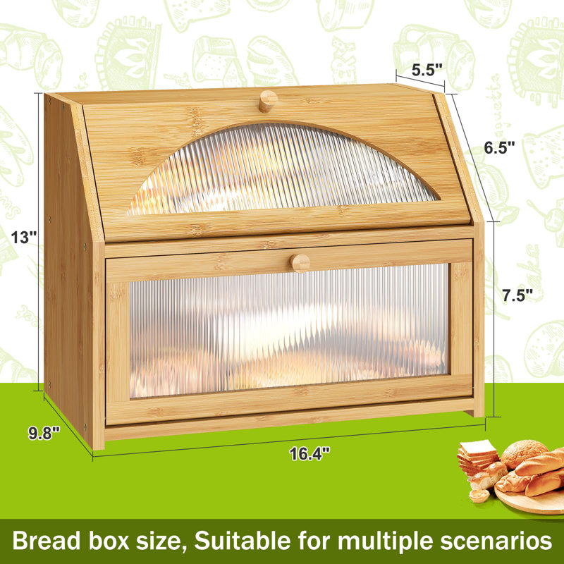 Double Layer Bread Box For Kitchen Countertop,Large Bread Box For Kitchen Counter,Bamboo Wood Bread Box Capacity Storage Bin(Natural)