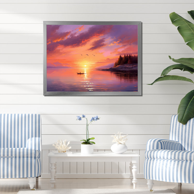Plage au crépuscule - reproduction d'art sur toile côtière, H 30 po x l 40 po x P 1,5 po, Cadre photo argenté