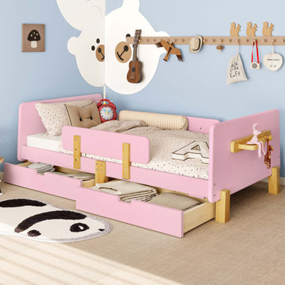 Lit plateforme simple avec tiroirs de rangement, structure de lit avec garde-corps, petite tablette et crochets, aucun sommier nécessaire