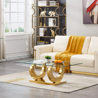 51.18" Tempered Glass Coffee Table, Luxury Sofa Coffee Table with 3C-Shape Stainless Steel Frame and Clear Glass Top, Modern Rectangular Cocktail Table for Living Room