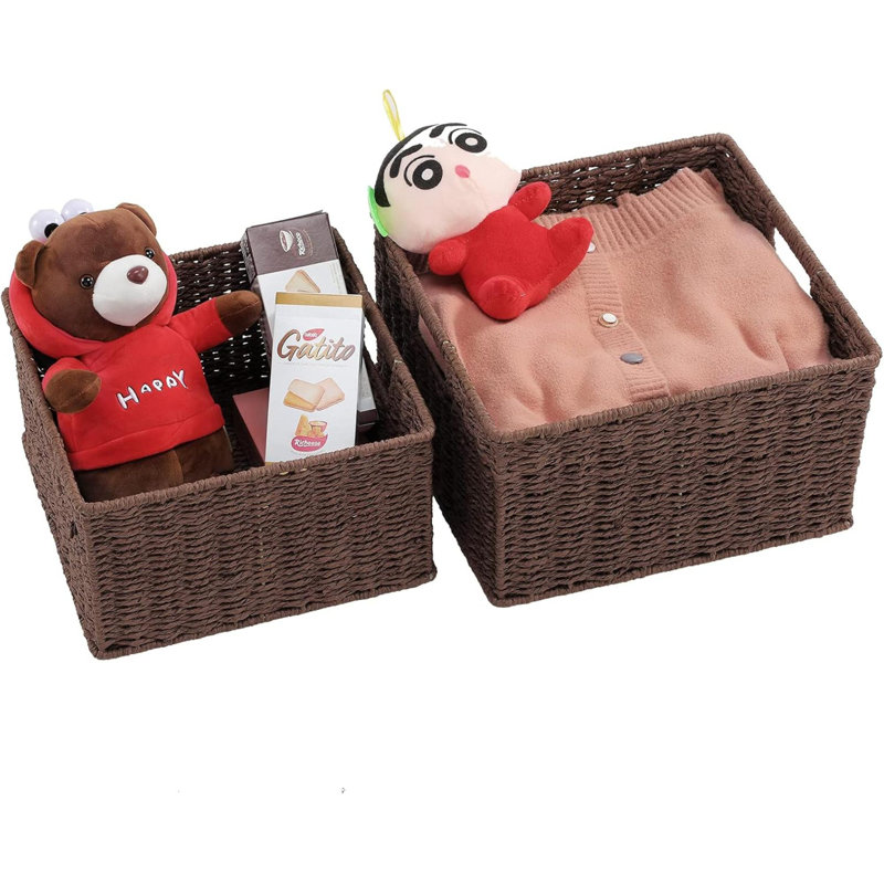 Paniers de rangement pour l'organisation, paniers décoratifs en corde de papier tissés pour le rangement avec poignées de transport, ensemble de 2