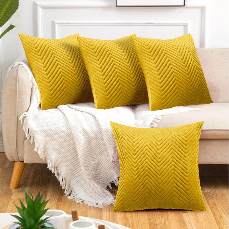 Luxury Chevron Embossed Quilted Pattern Velvet Cushion Cover Set (4-Pack) - Soft Throw Cushion Cover for Home Décor, Ochre