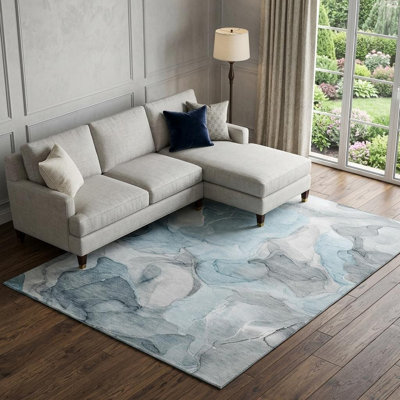 9' X 12' Teal And Gray Abstract Washable Area Rug With UV Protection