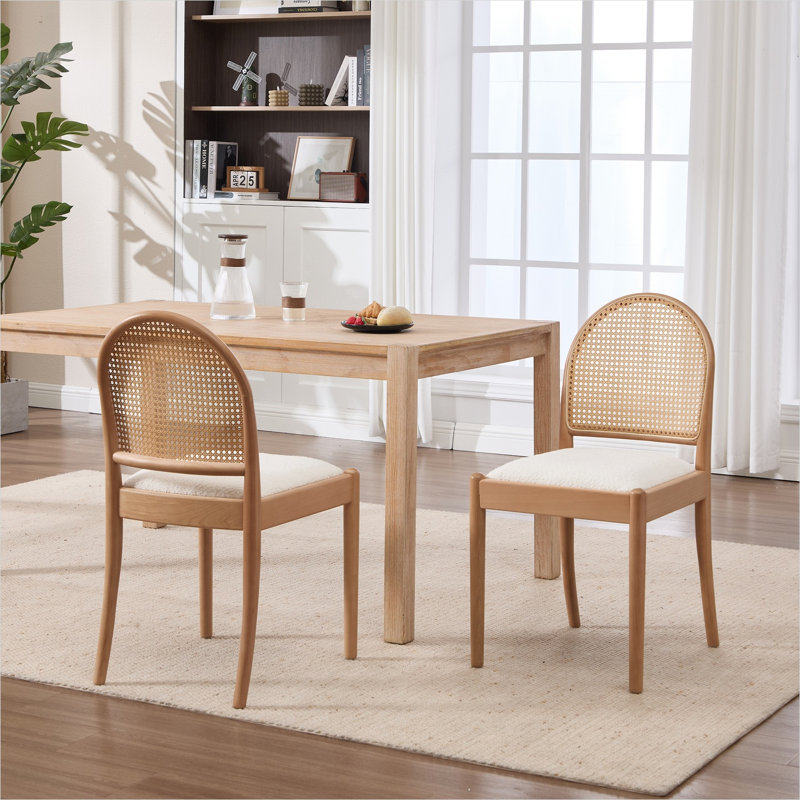 Ensemble de 2 chaises d'appoint avec dossier en rotin, siège en peluche rembourré, pieds en bois massif, beige chaud