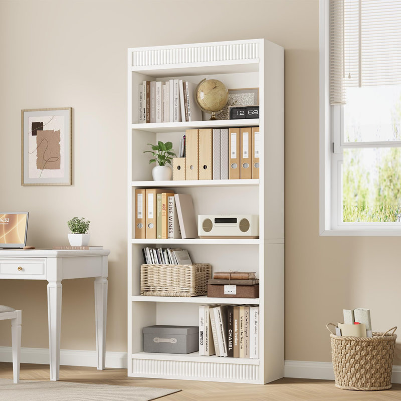 71" Farmhouse Bookcase with Double Fluted Design, 5-Tier Wooden Bookshelf for Living Room or Office, White