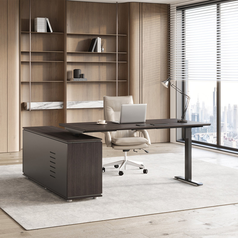 Reversible L-Shaped Electric Standing Desk with Storage Cabinet, Charging Station, File Drawers, Memory Presets, Dark Wood Finish