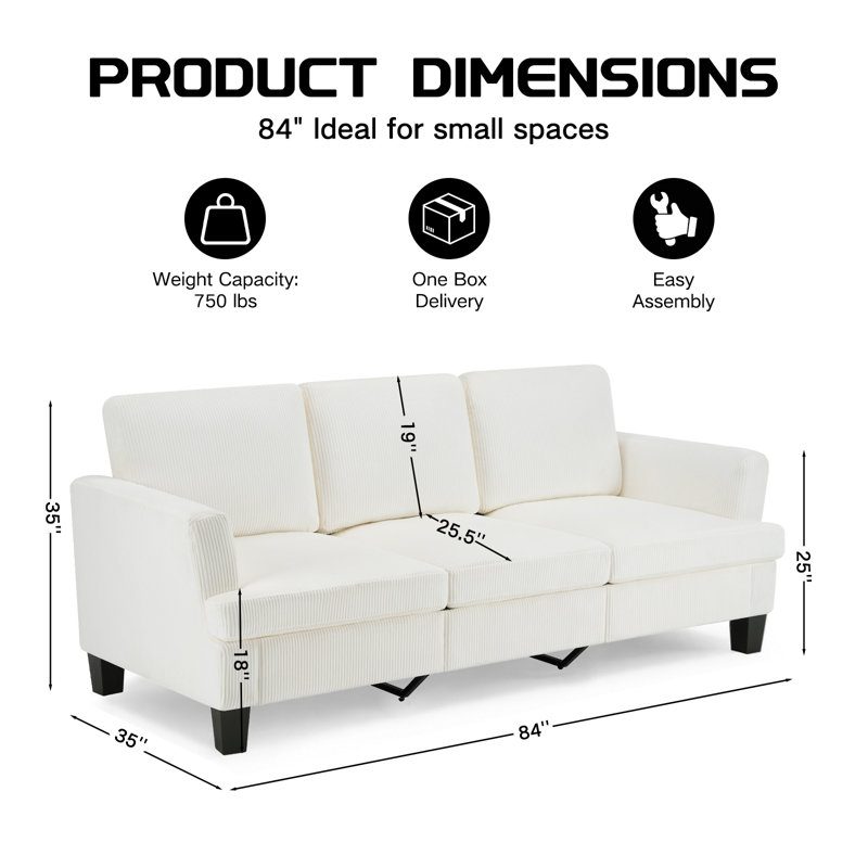 84'' Corduroy Upholstered 3 Seater Sofa, White, White