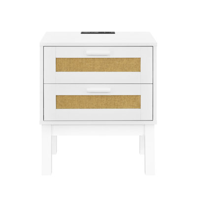 Table de chevet 2 tiroirs avec accents en rotin, 2 prises de courant intégrées, 1 port USB et 1 port de type C