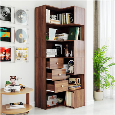 Bibliothèque d'angle moderne en L avec 3 tiroirs, bibliothèque ouverte à 6 niveaux pour le salon, le bureau personnel et la chambre à coucher