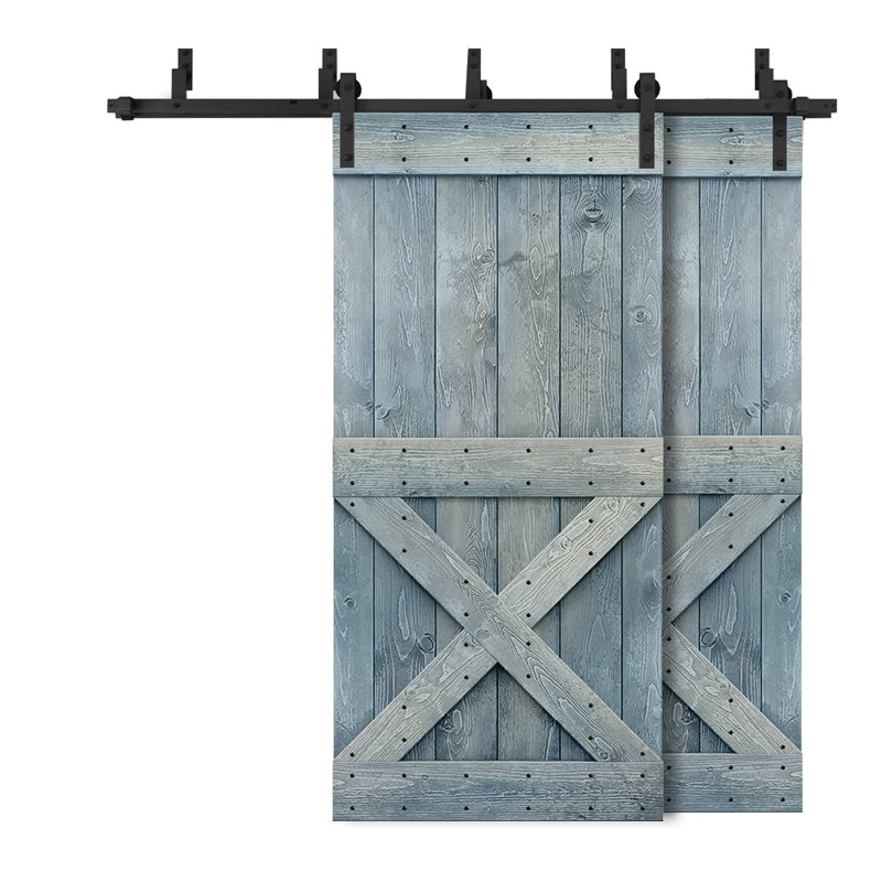 Porte de grange en bois peint, 38 po x 84 po, Noir, Bleu denim