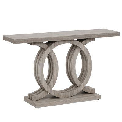 55” Farmhouse Console Table With Geometric Wooden Base, Rustic Entryway Sofa Table For Living Room, Hallway, Foyer – Decorative Accent Table For Display And Storage, Grey