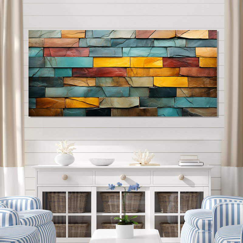 Boho terre élément pierre mosaïque II - Boho mosaïque murale, Toile tendue, H 28 po x l 60 po x P 1,5 po