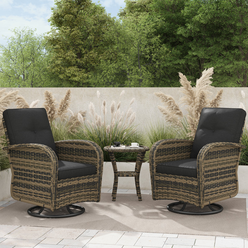 Ensemble de 3 chaises pivotantes en osier avec coussins et table d'appoint, Black Cushion/Yellow Frame