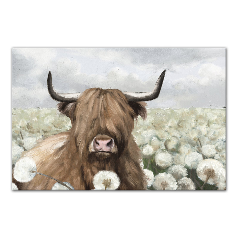 Impression sur toile Highland Cow and Dandelions, H 12 po x l 18 po