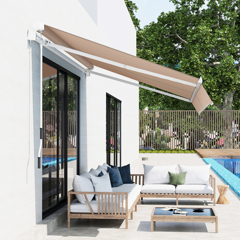 Auvent de patio rétractable 8 pi x 7 pi, brun. Pare-soleil manuel pour terrasse. Réduit la chaleur et les chocs. Convient à diverses surfaces. Composé d'aluminium et d'acier brun rétractable 7 pi. Génération de blocs.