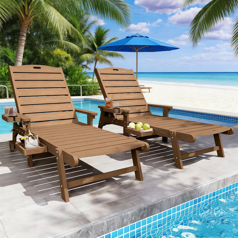 Adjustable HIPS Waterproof Pool Lounge Chair Wheels Lounge Chaise Set Outdoor Swimming Reclining Outdoor Chaise Lounge With Cup Holder Set Of Two