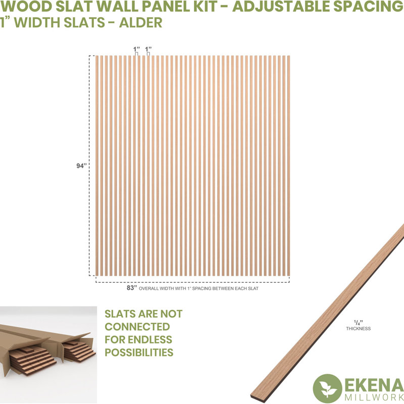 Adjustable Wood Slat Wall Panel Kit, 1"W x 94"H x 0.25"T, Alder