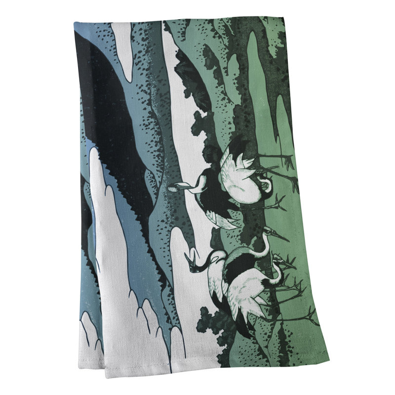 Serviette de thé japonaise grues, Bleu / Vert, Polyester sergé