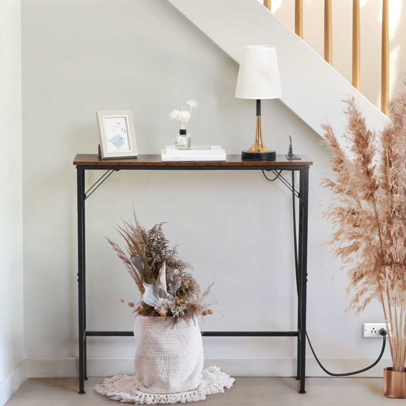 Console Table With Charging Station For Living Room, Rustic Brown, 80cm H x 80cm W x 20cm D