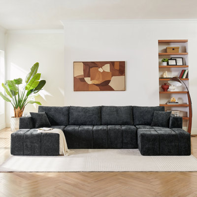 Canapé modulaire en chenille de 132 po en U en forme de U, canapé désossé de style nuage avec salons, canapé rembourré moderne avec porte-gobelets et poches latérales, canapé à compression pour le salon, aucun assemblage requis, noir