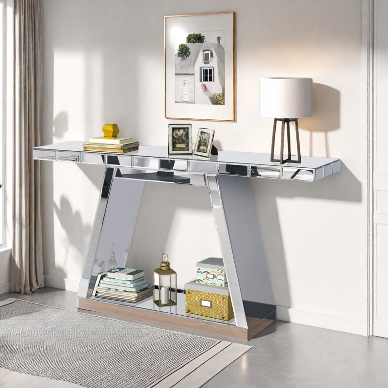 Console moderne à miroir réfléchissant à 360 ° avec base trapézoïdale et conception résistante aux égratignures 