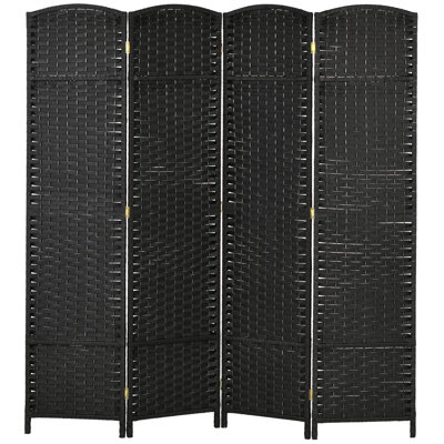 Paravent 4 panneaux de 5,6 pi de hauteur Noir avec style tissé à la main et plateau arqué pour la maison. Chambre polyvalente, bureau. Structure en bois, sangles en polypropylène. Léger, facile à déplacer