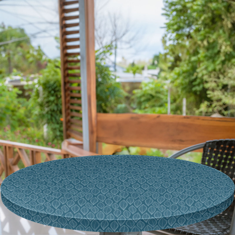 Ebern Designs Nature Fitted Round Tablecloth Petrol Blue and White, 47.24" Round