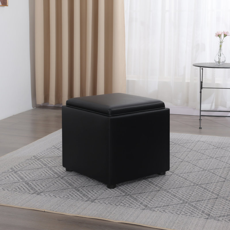 17.7" Faux Leather Storage Ottoman With Reversible Tray Top, Black