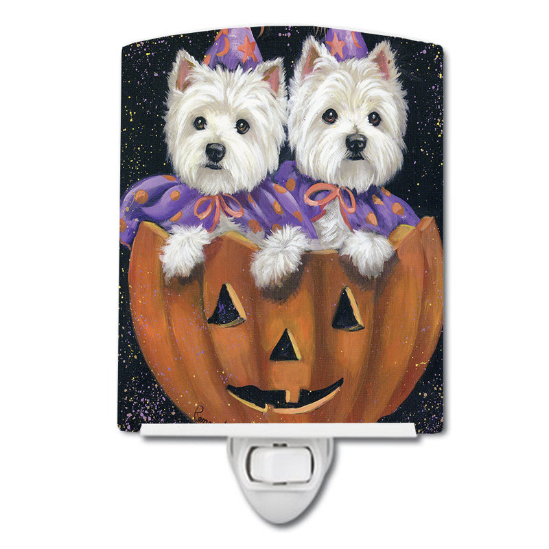 Veilleuse en céramique Scottie, Westie promenade en citrouille