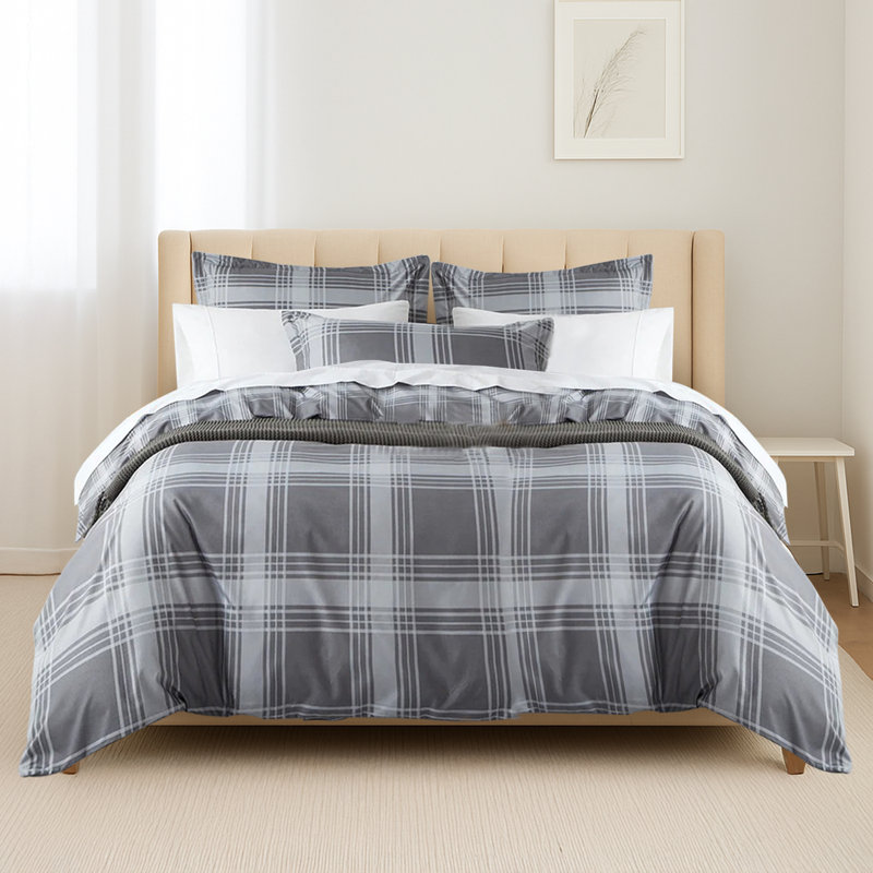 Soft Microfiber Printed Duvet Cover Set with Pillowcases, Check, King Duvet Cover + 2 Standard Pillowcases
