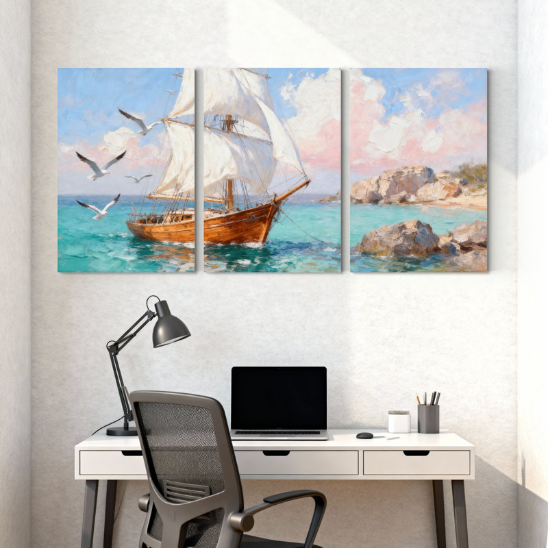 Nautique, voilier, mouettes, océan, roches, ciel, réflexion, ensemble de 3 impressions sur toile, H 24 po x l 48 po