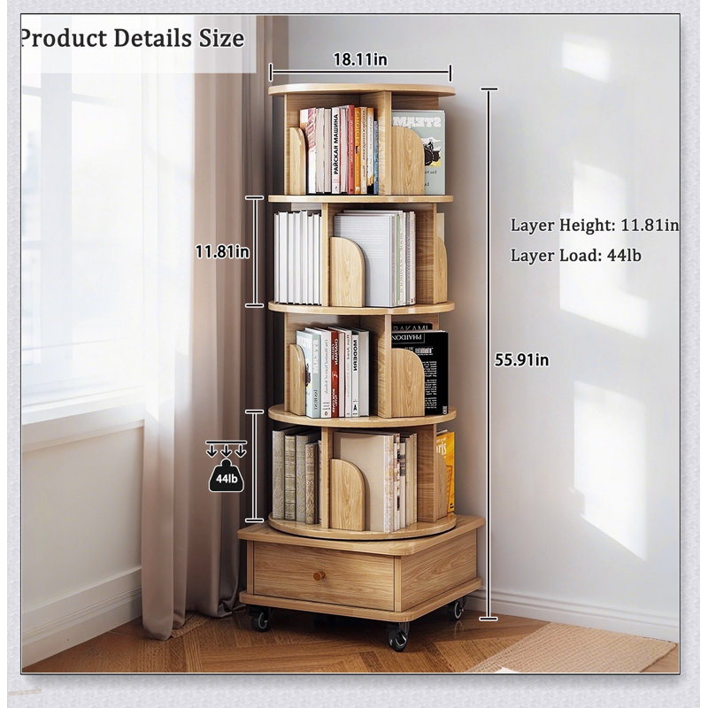 Bibliothèque rotative à 5 niveaux, étalage à 360 ° avec roulettes, solution de rangement compacte et élégante pour les petites pièces