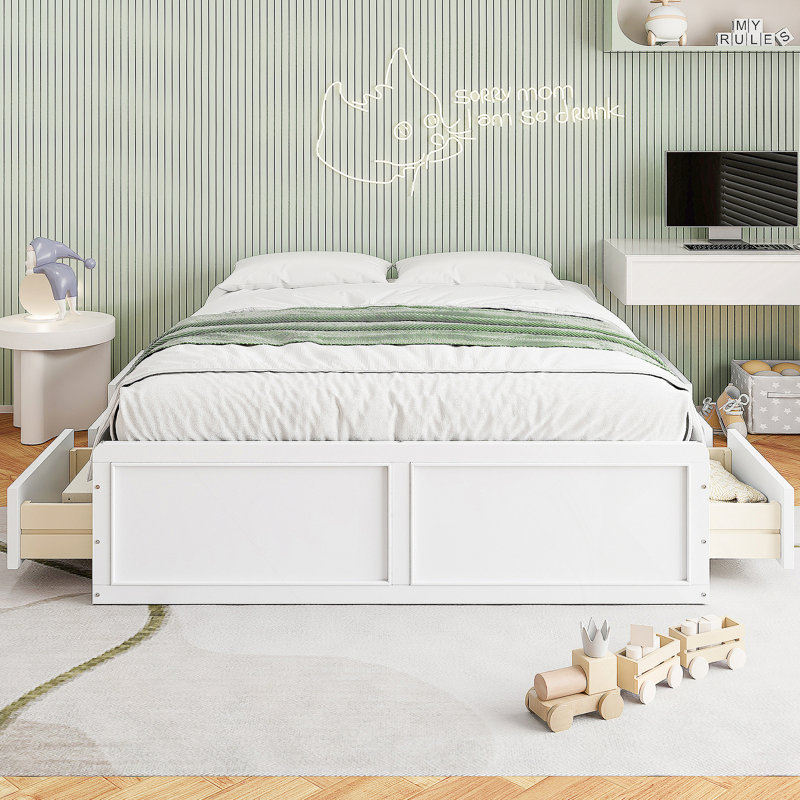 Structure de lit plateforme en bois avec 6 tiroirs , Blanc