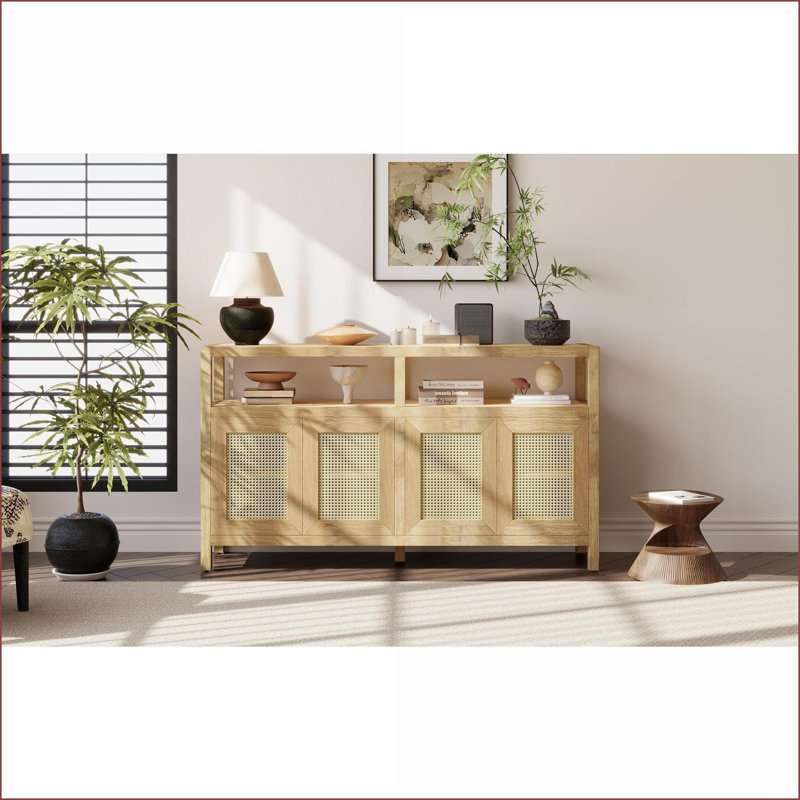 Sideboard, Bohemian Rattan Buffet with Adjustable Shelves, No-Handle Push-to-Open, Natural for Living &amp; Dining | Solid Wood+MDF
