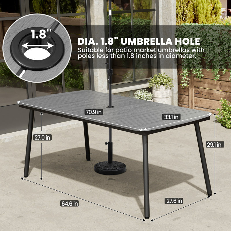 6 - Person 70.9'' L X 33.1'' W Rectangular Patio Dining Set with Umbrella Hole, Aluminum Frame and Folded Reclining Armchairs