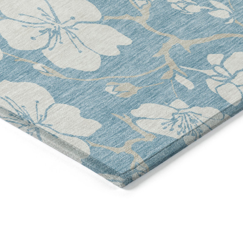 Tapis extérieur lavable floral bleu ciel et ivoire 10 pi x 14 pi