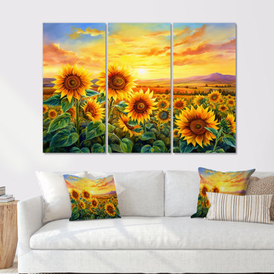«Sunflowers Burning Sunset» - ensemble d'art mural toile tournesols