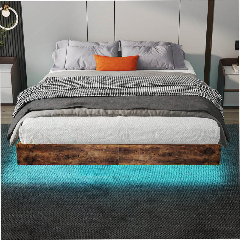 Structure de lit flottant pleine grandeur avec lumières DEL, plateforme en métal robuste pour chambres à coucher modernes - brun