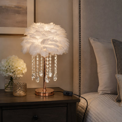 Feather Decorative Table Lamp With Gold Base, 3-color Light Bulb & Button Switch