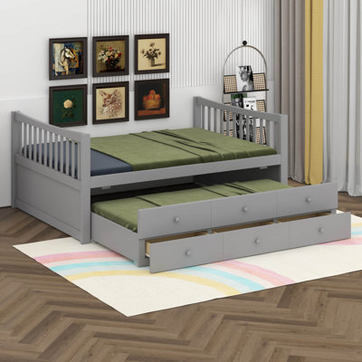 Lit de jour double avec lit gigogne simple, lit de rangement moderne en bois avec 3 tiroirs et canapé-lit pour enfants et chambre d'amis