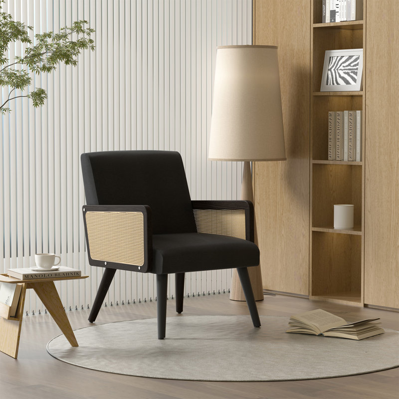 Modern Rattan Armchair with Solid Rubber Wood Legs, Natural Cane Armrests, 25D High-Density Foam Seat, 23L*23W*31.5H, Eco-Friendly Finish, Used as Dining Chair, Reading Chair, Terrace chair, etc.