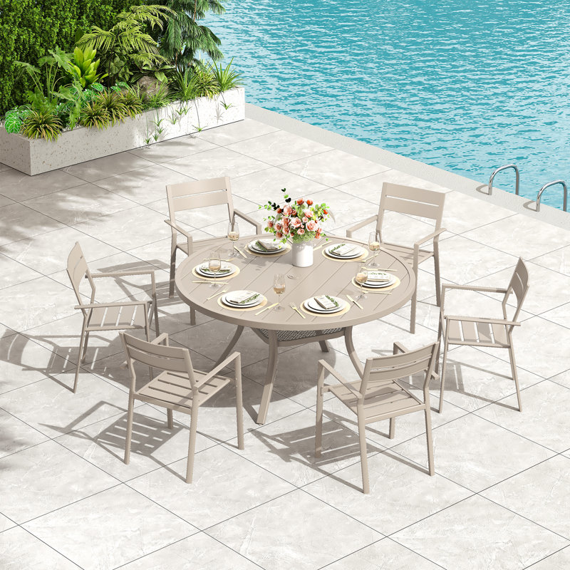 Round Patio Dining Set with 48" Metal Dining Table and 6 Stackable Armrest Chairs, Cream/Cream/Cream
