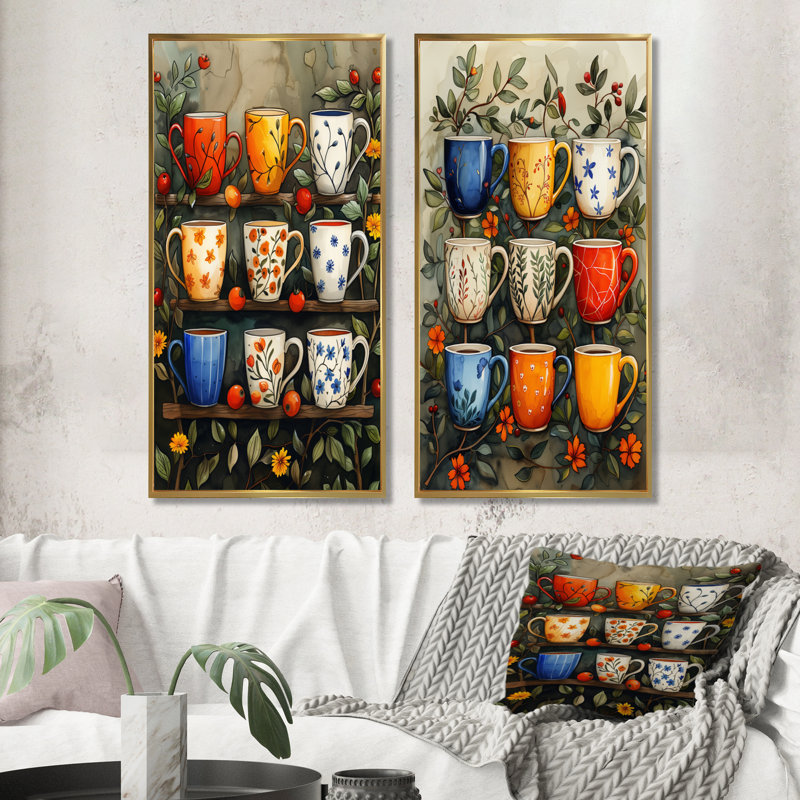 Ensemble de 2 tasses à café rouge et bleu Boho Morning Coffee, H 28 po x l 24 po, Cadre flottant doré